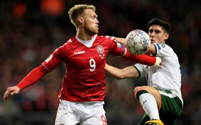 Denmark forward Nicolai Jorgensen and the midfielder of the Ireland team Callum ODowd